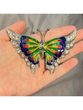 Butterfly Brooch Multicolor Enamel Rhinestone Vintage Statement Pin 4 Inch
